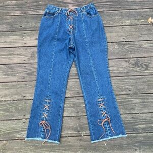 Women’s Traxx Vintage Cowboy Western Laced High Rise Blue Denim Jeans, Y2K|Sz:14